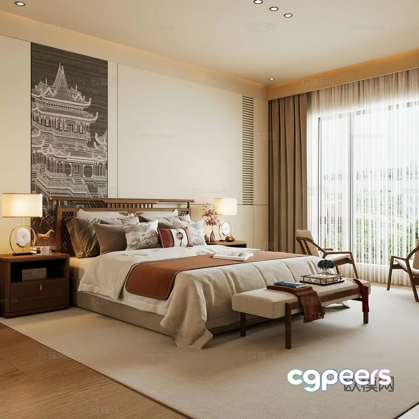 New Chinese style home bedroom Song family aesthetic bedroom Song style bedroom New Chinese style double bed 3D model