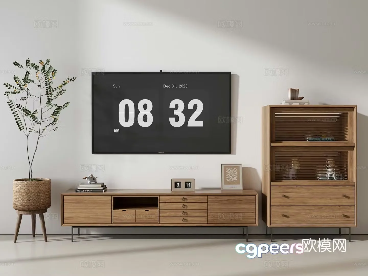 Nordic TV cabinet side cabinet green plants TV set ornaments 3D model