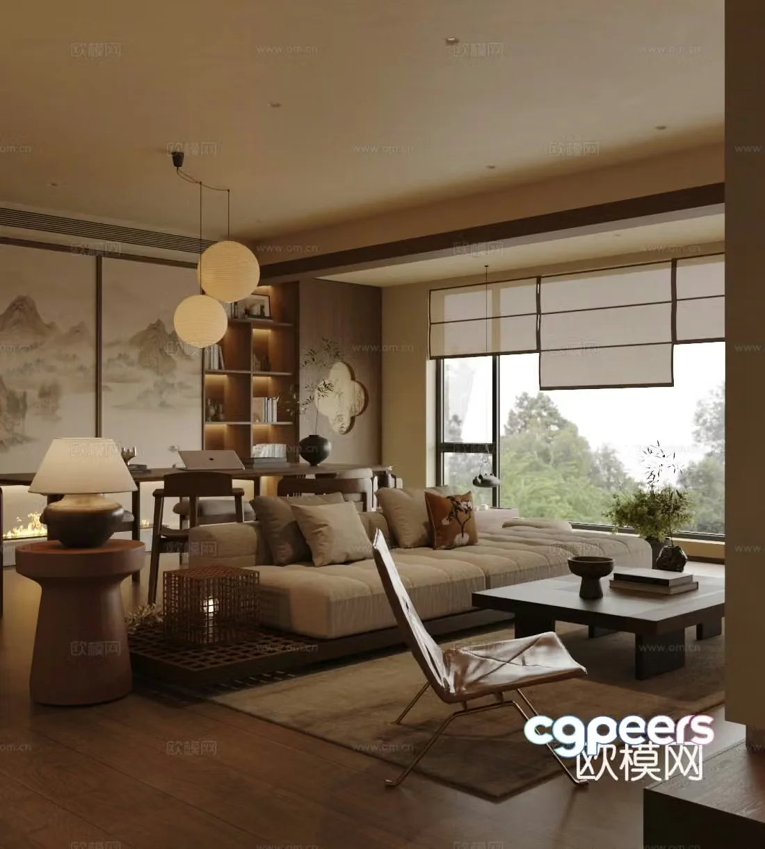 New Chinese Zen Living Room Chinese Song Living Room Chinese sofa coffee table combination Chinese style 3D model without a master lamp
