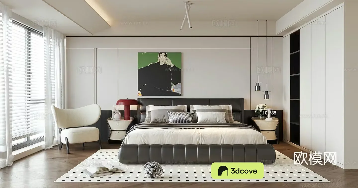 Modern bedroom Double bed Bedside table Bedside chandelier