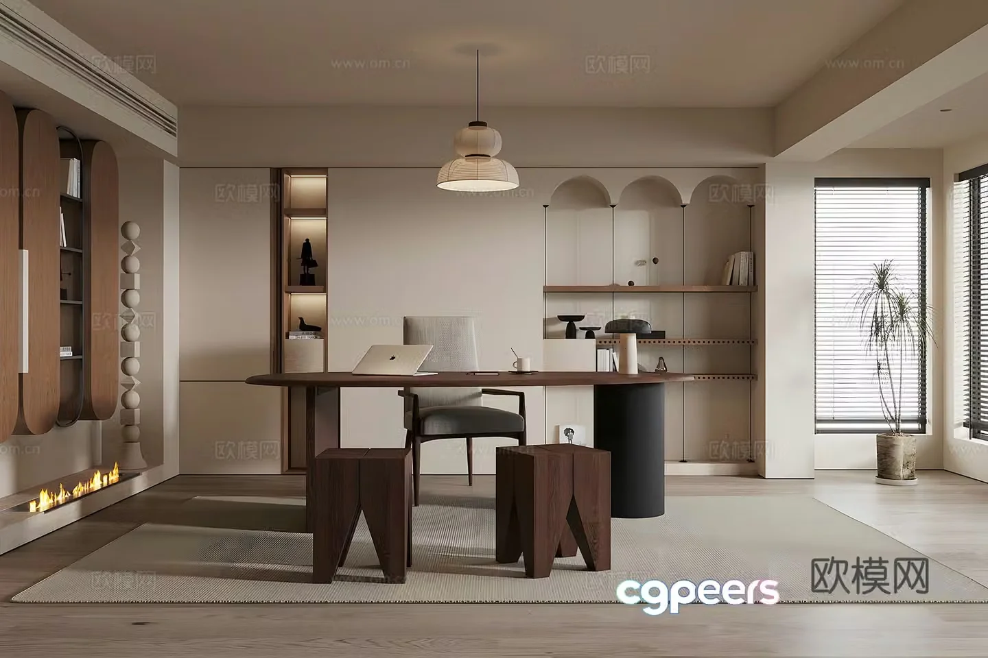 Middle-aged study room Middle-aged desk and chair cabinet wall cabinet bookcase desk ornament combination 3D model