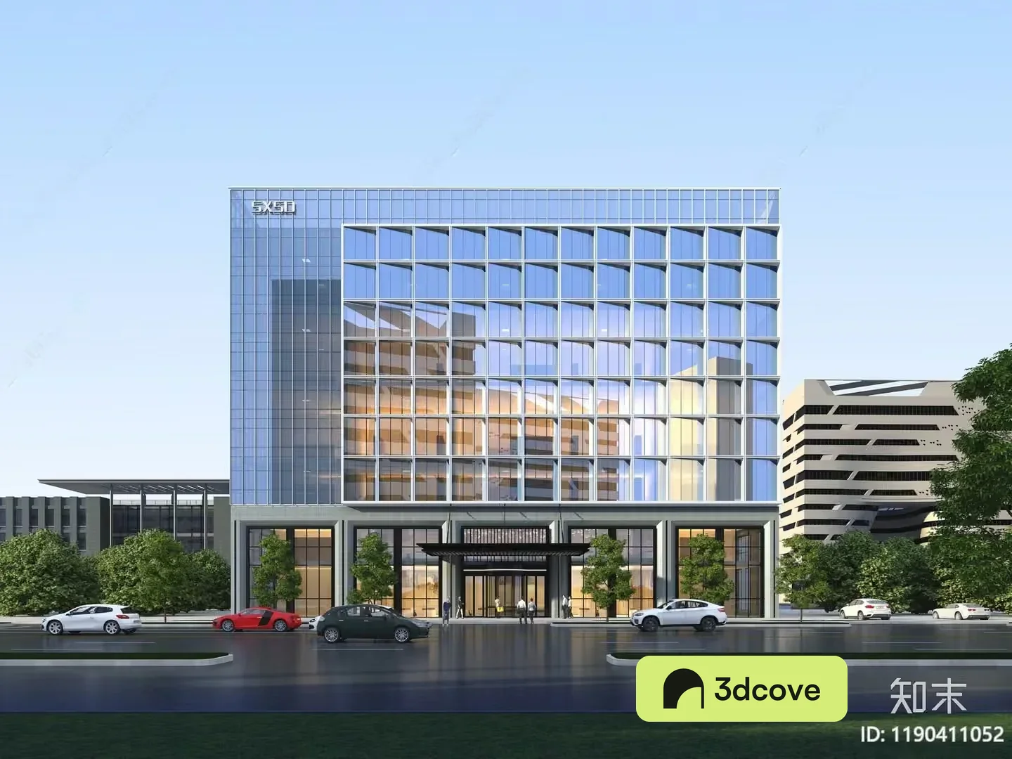 A Modern Multi-Story Building With A Glass Facade And A
