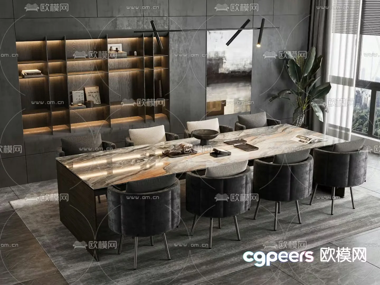 High-grade gray dining table and chairs slate dining table 3D model