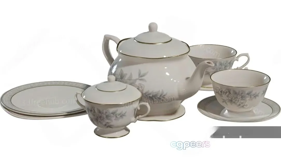 A White Porcelain Tea Set 3D Model – 18991 – VRAY Render