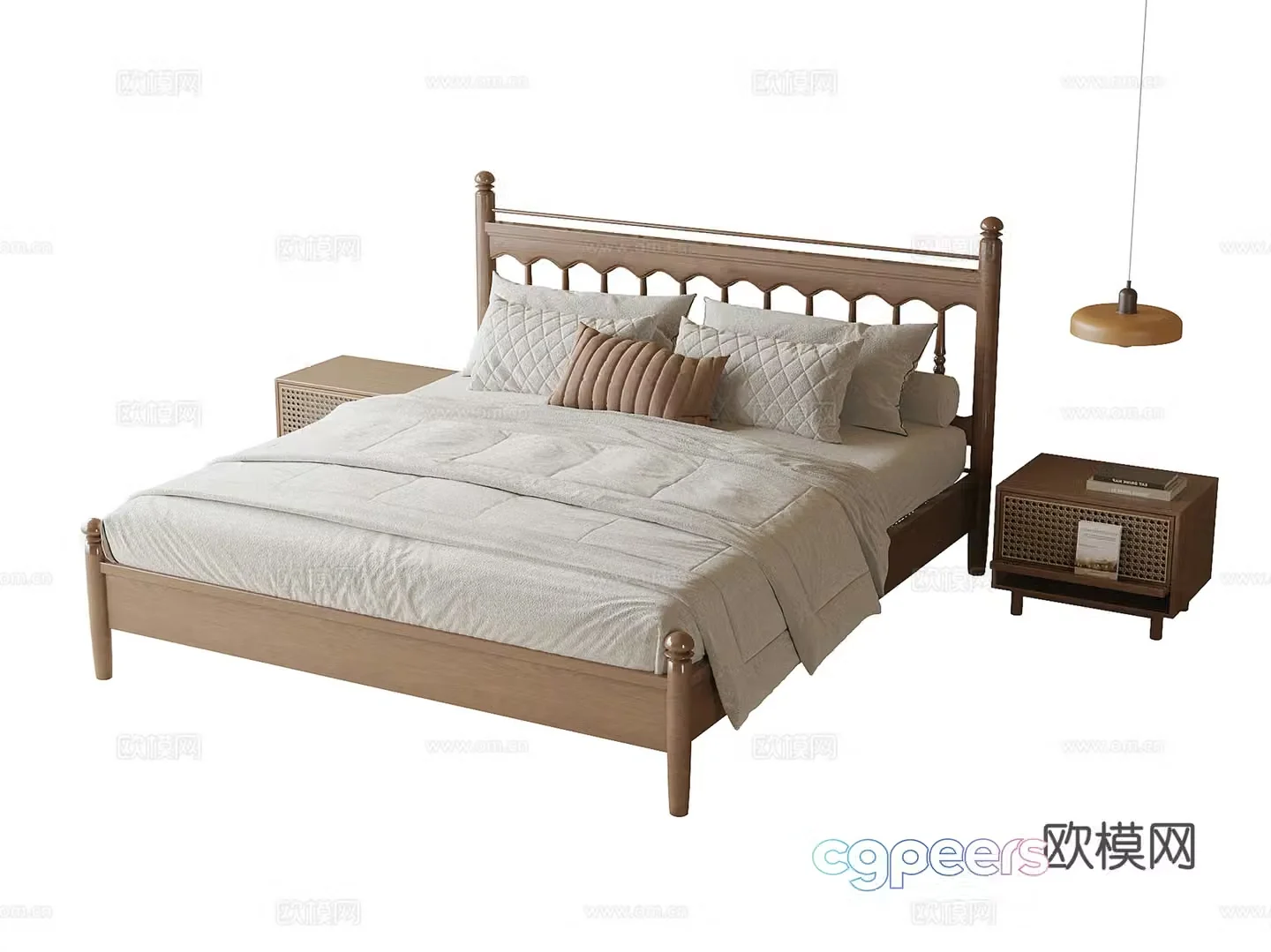 Modern solid wood double bed nightstand 3d model