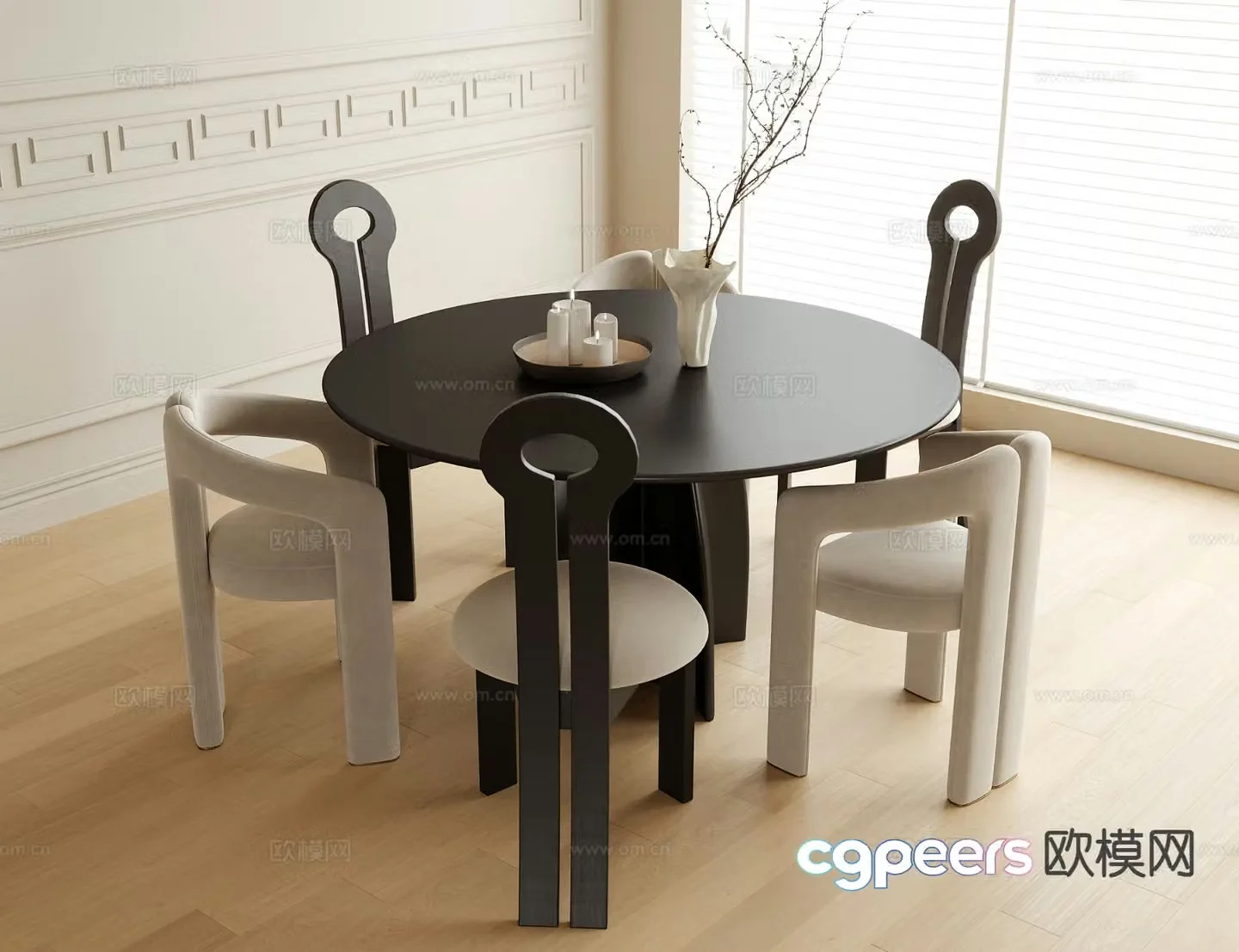 Cream style dining table and chairs round table 3d model
