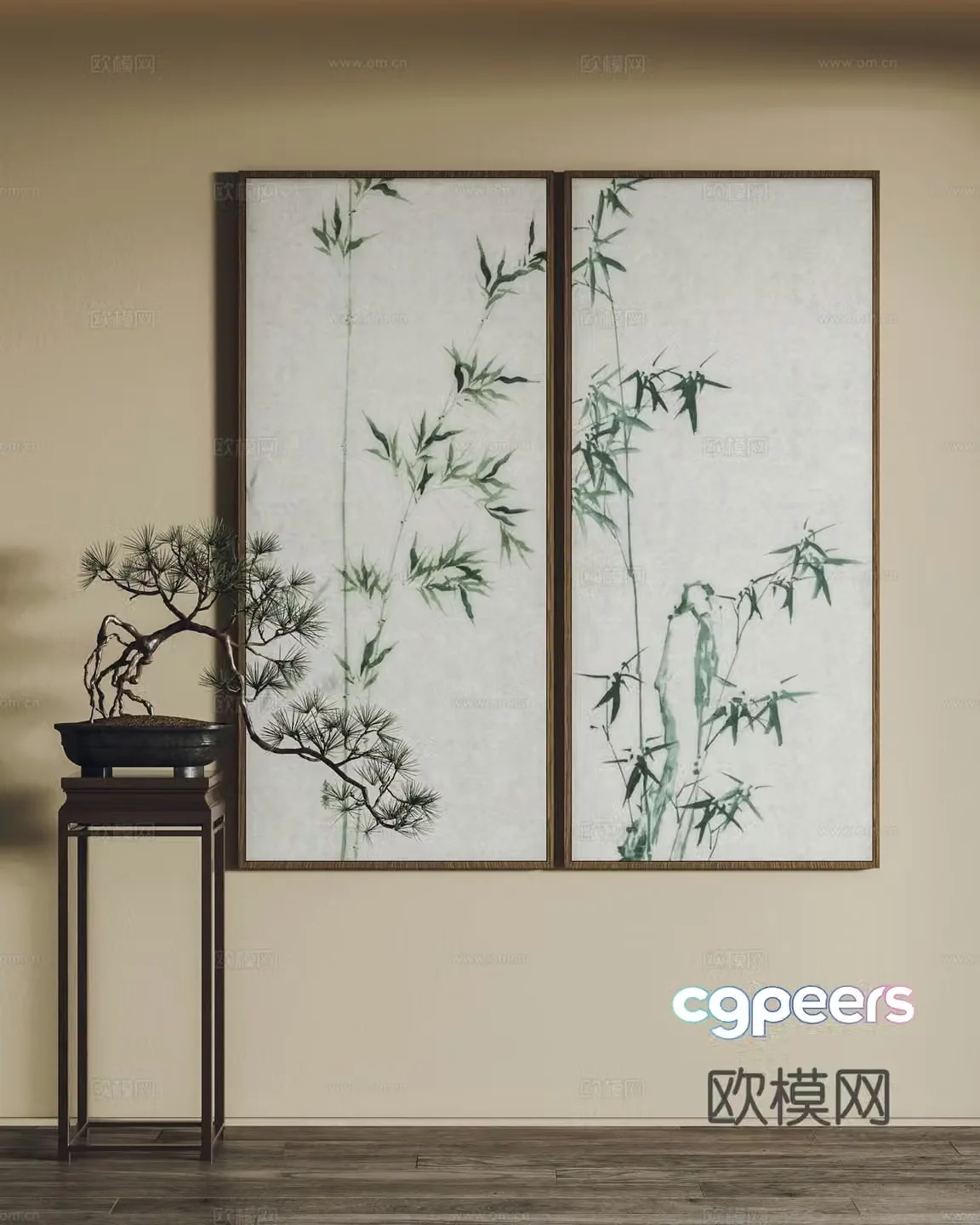 New Chinese style hanging paintings decorative paintings bonsai 3d model