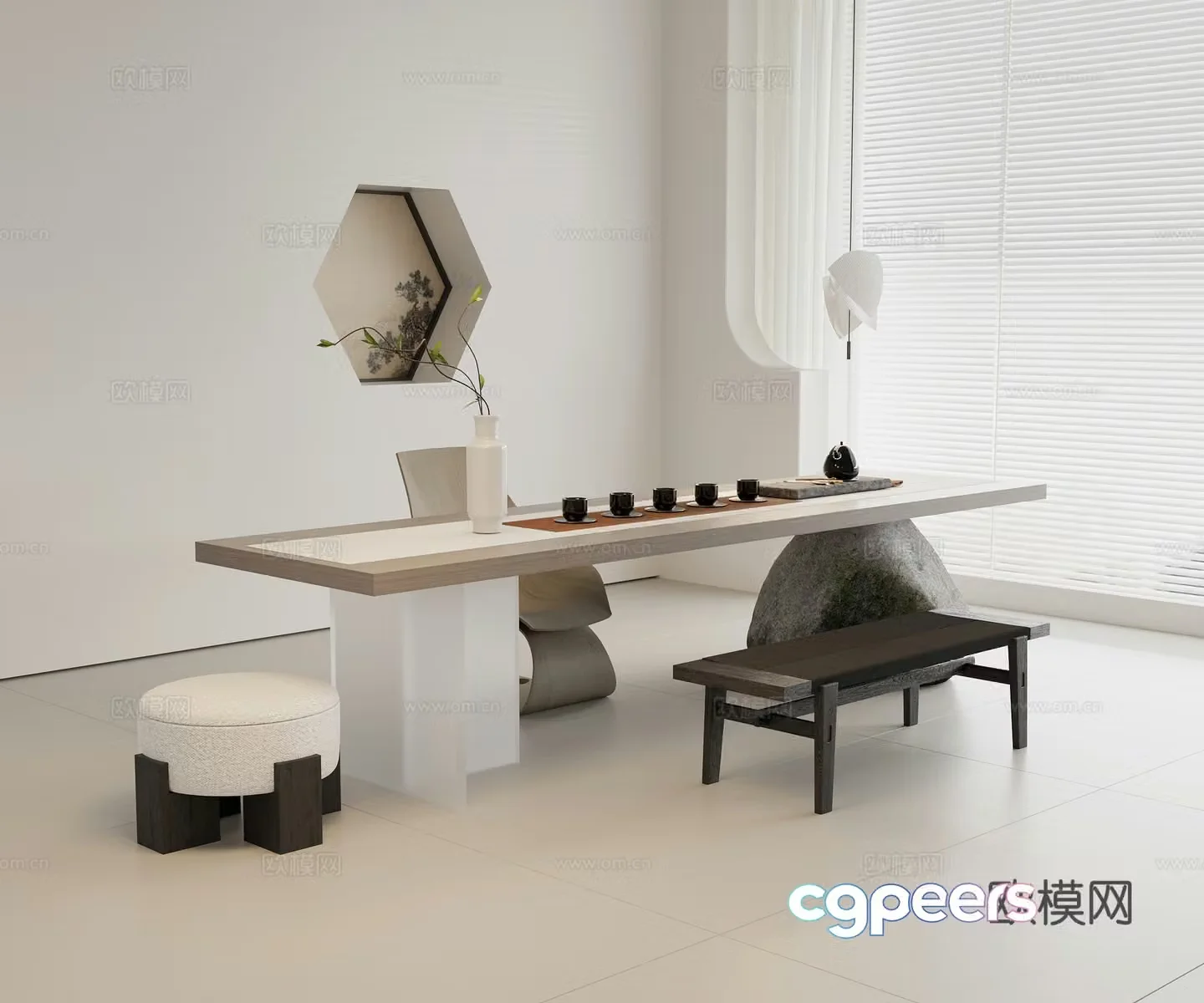 Solid wood tea table Solid wood single chair Solid wood bench Fabric round stool Tea set combination Teapot tea cup 3D model