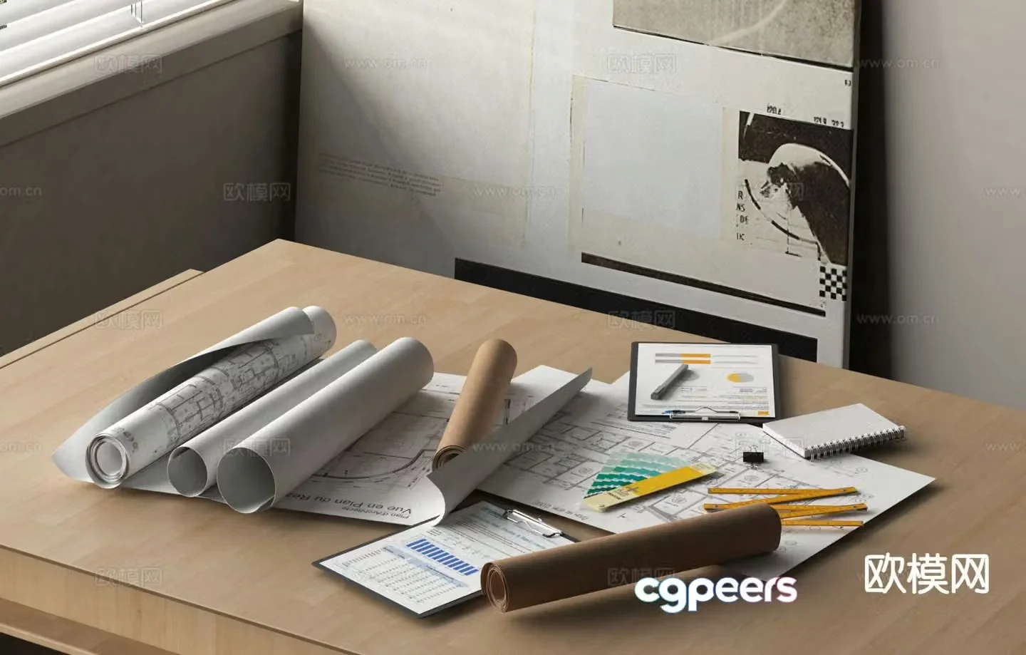 Office supplies office utensils paper and pen drawings 3d model