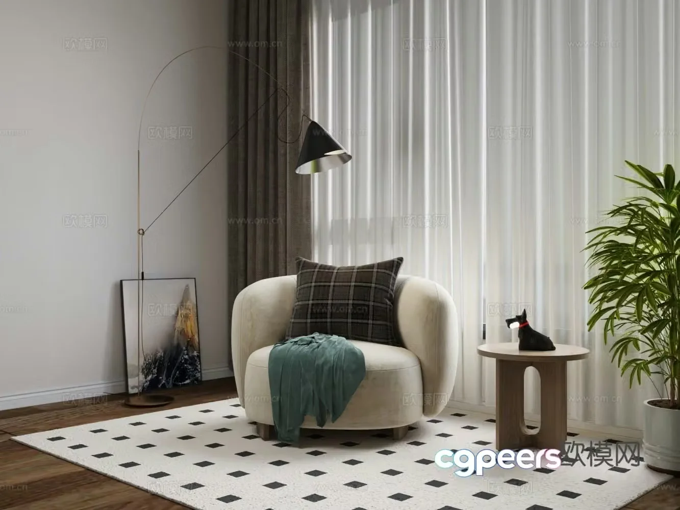 Modern velvet single sofa coffee table combination 3D model