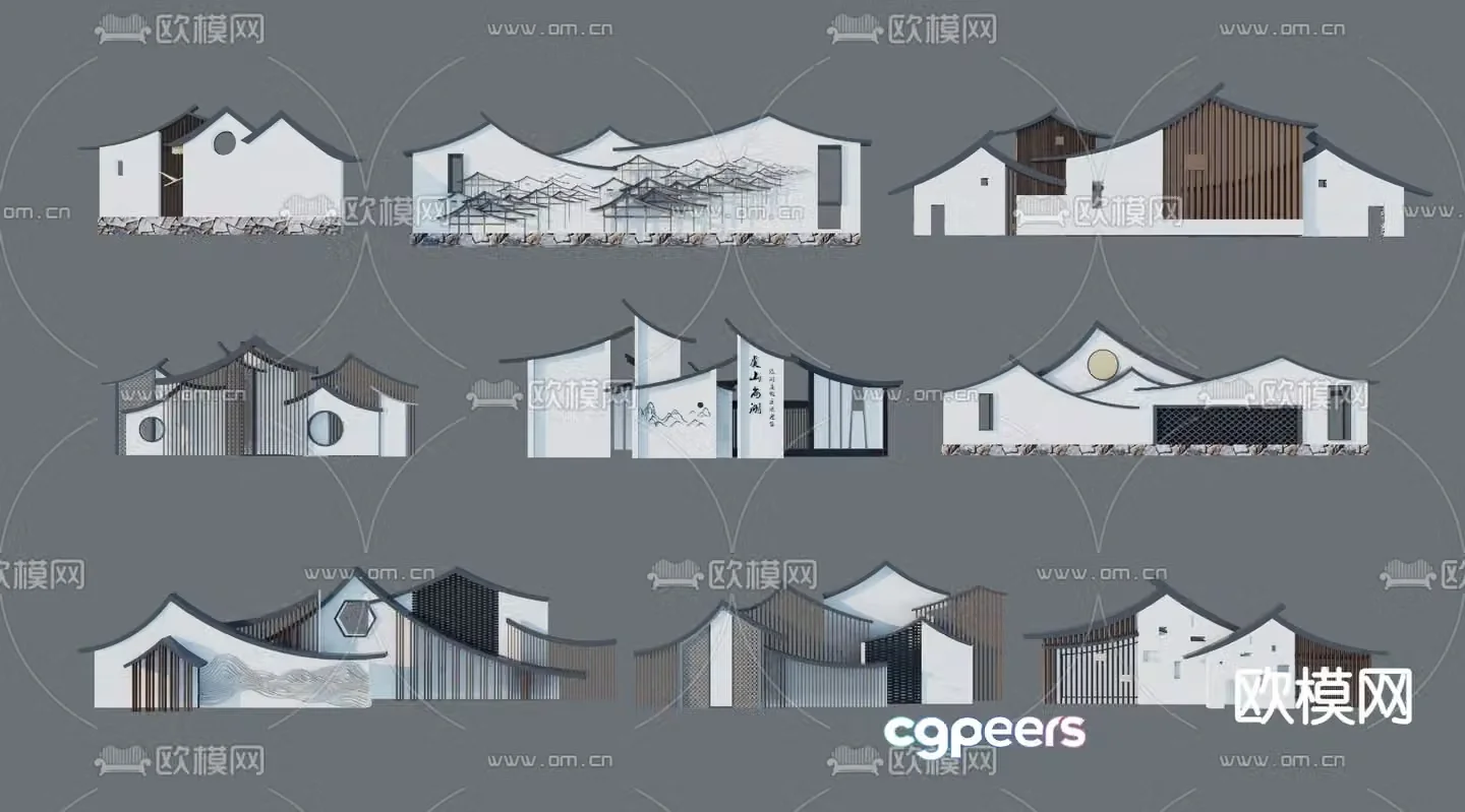 New Chinese style gable grille landscape wall sign wall zen landscape wall_3d model