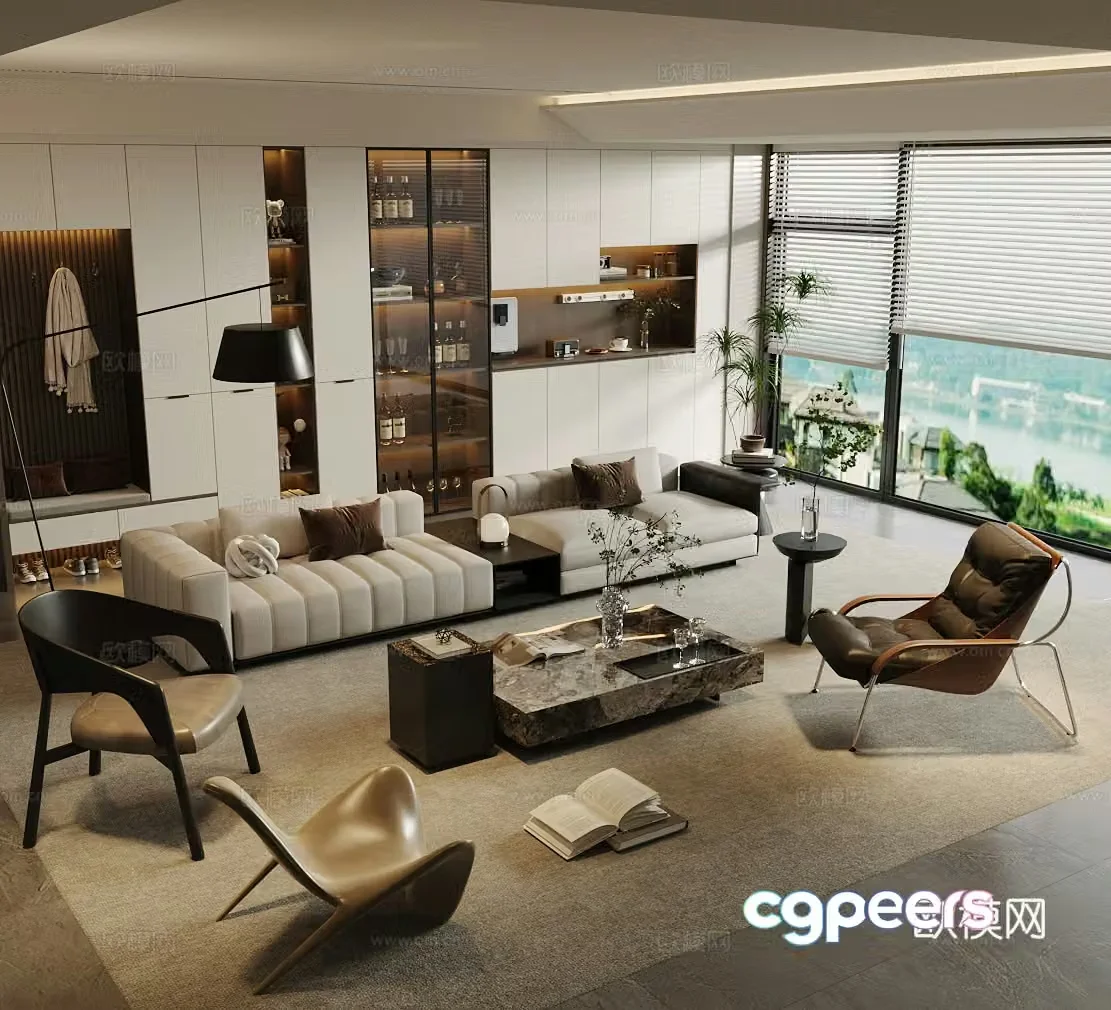 Modern Italian home living room Light luxury Italian living room Living room without lights Black and white gray living room 3D model
