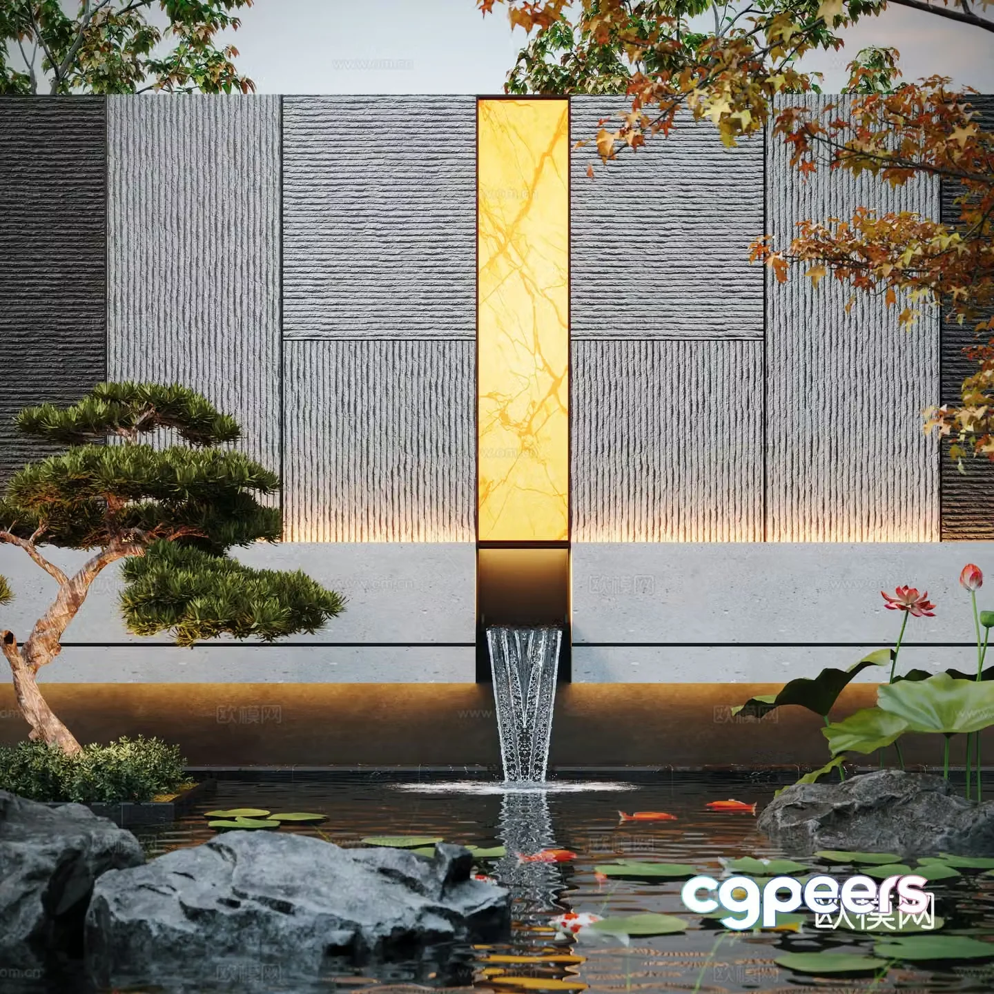 Modern water landscape courtyard waterscape stacked water fish pond landscape wall 3d model