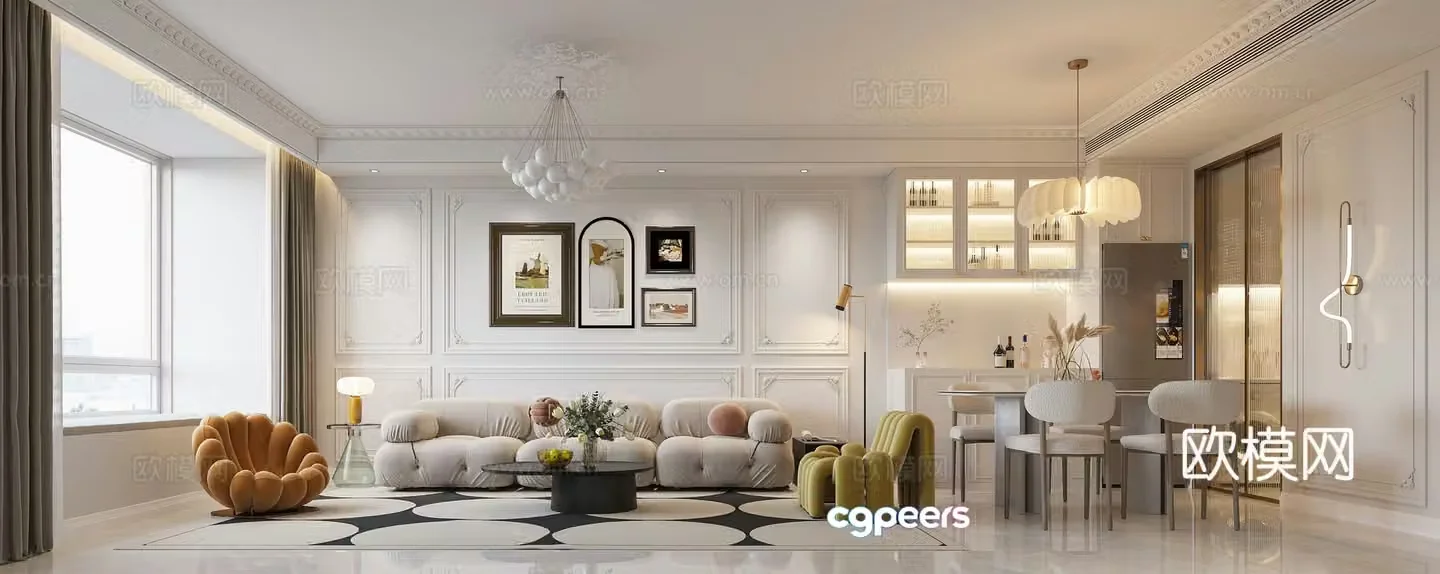 French living and dining room 3d model