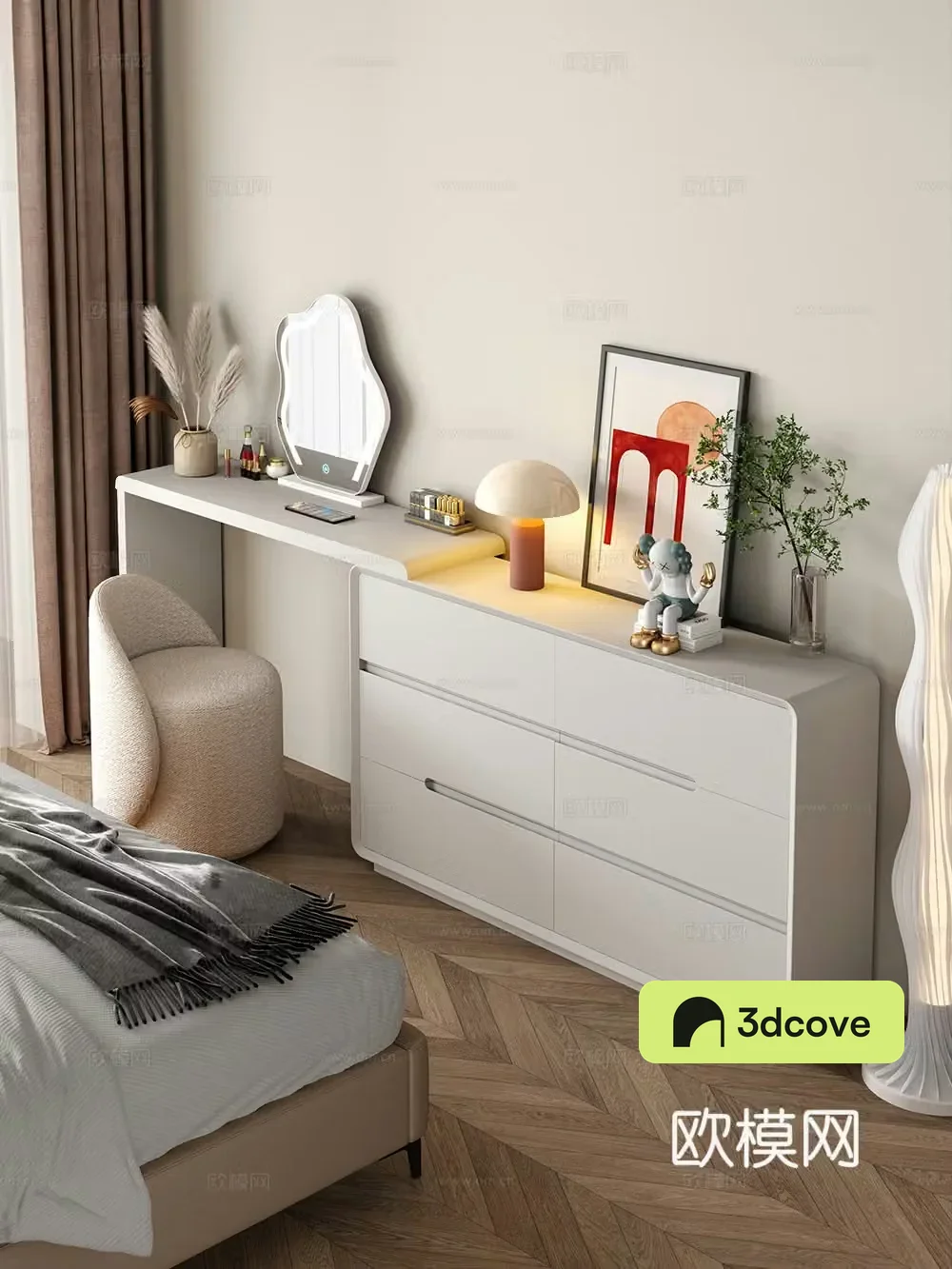 Cream style dressing table makeup stool combination dressing table makeup stool mirror decoration hanging painting