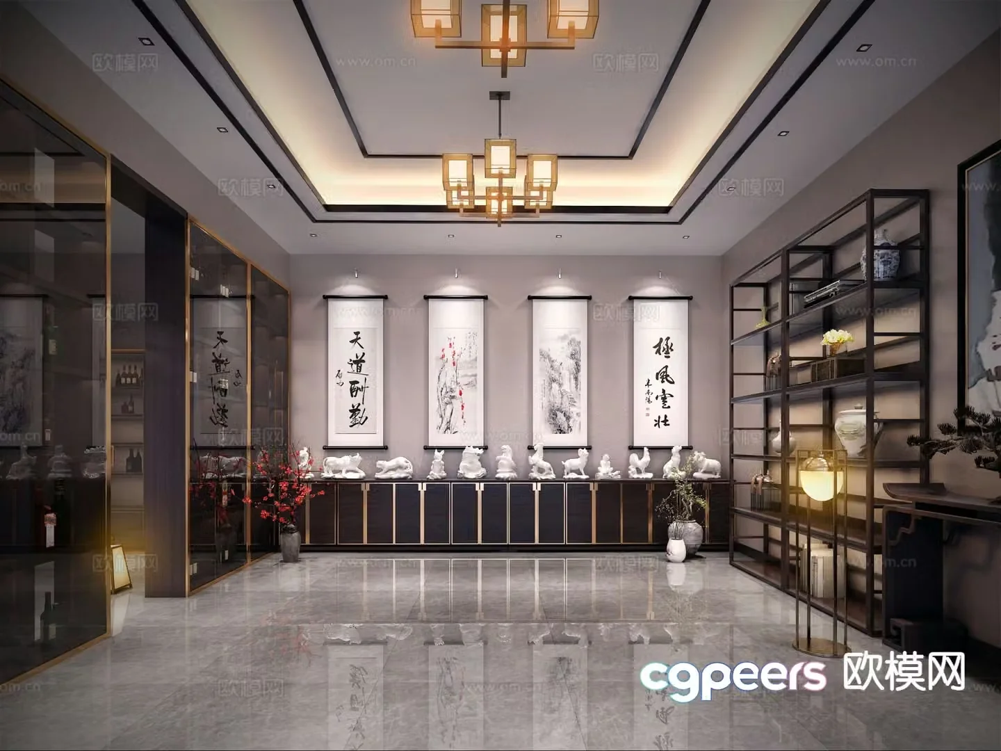 New Chinese style study collection room 3D model