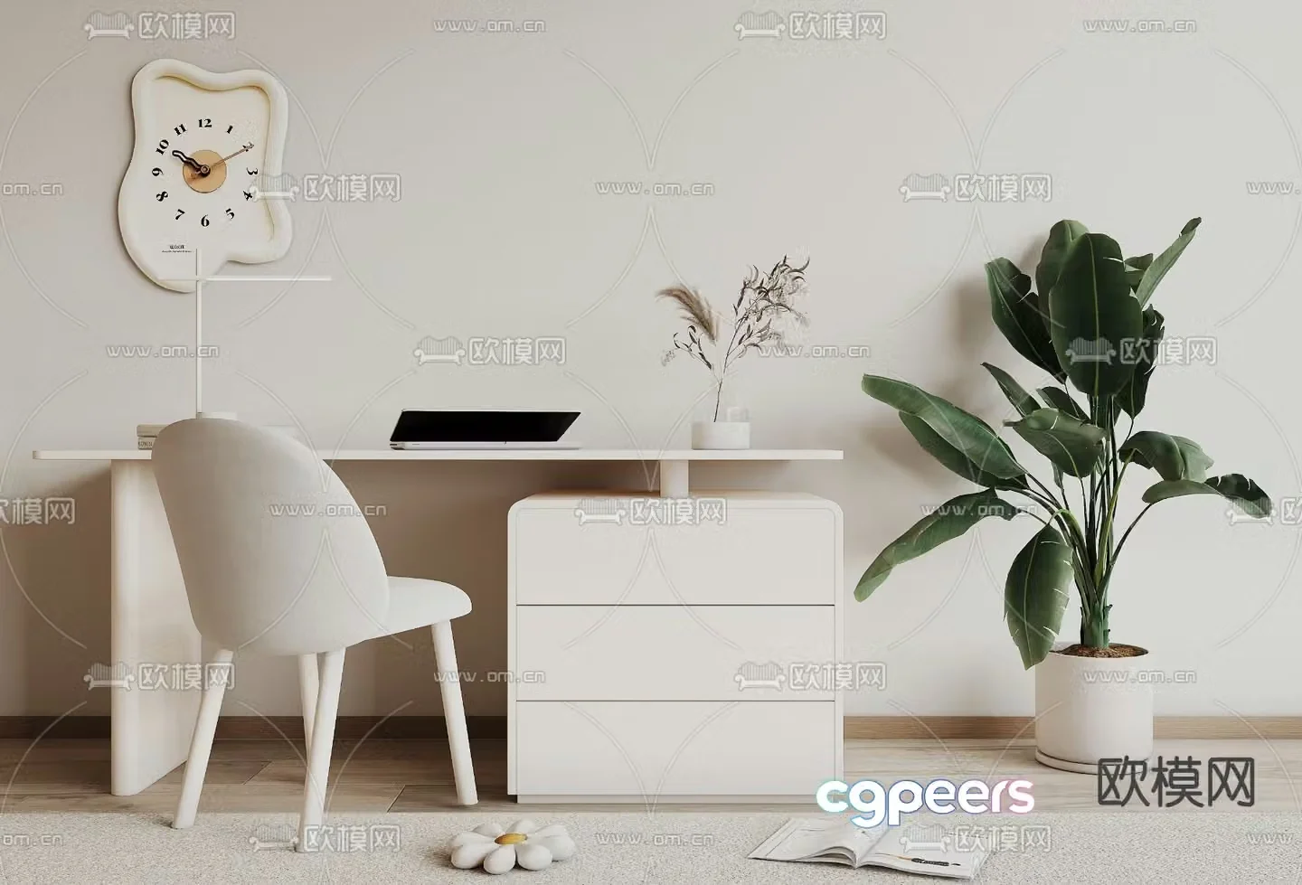 Cream style desk computer desk study table 3d model