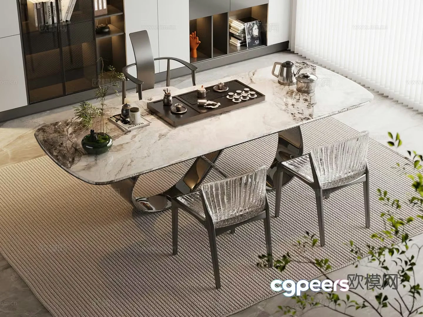 Modern tea table and chairs Light luxury marble tea table and chairs Rock panel tea table and metal chairs Tea set supplies 3D model