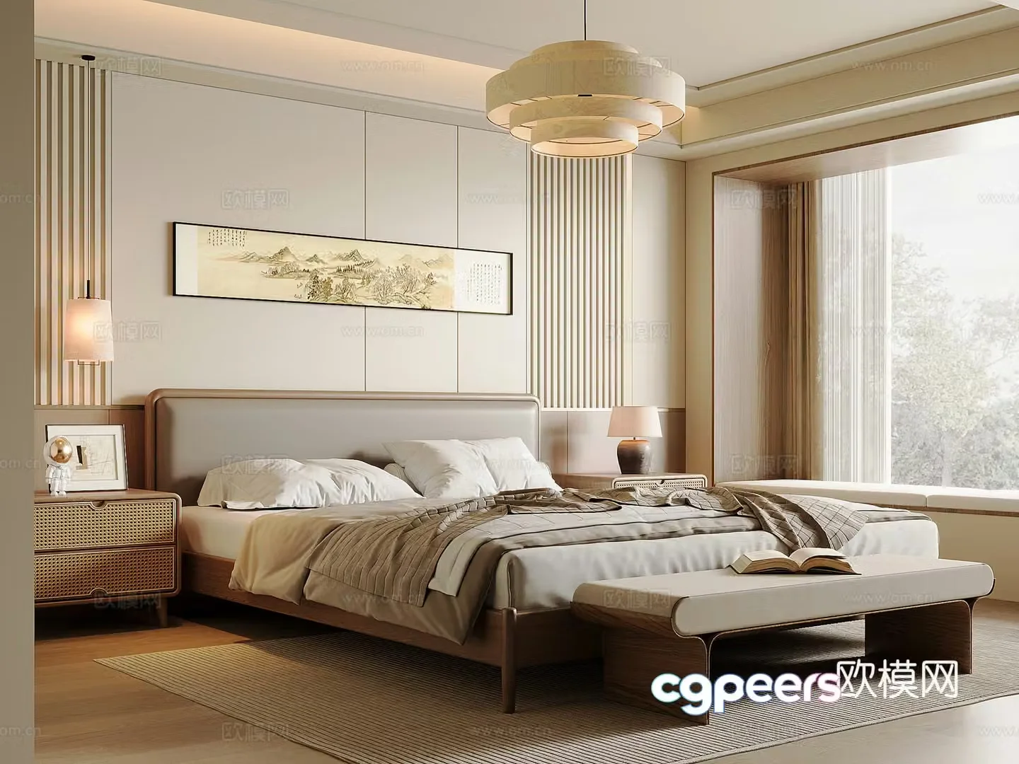 New Chinese style bedroom Song style solid wood double bed bed nightstand bed end stool Chinese style chandelier 3D model