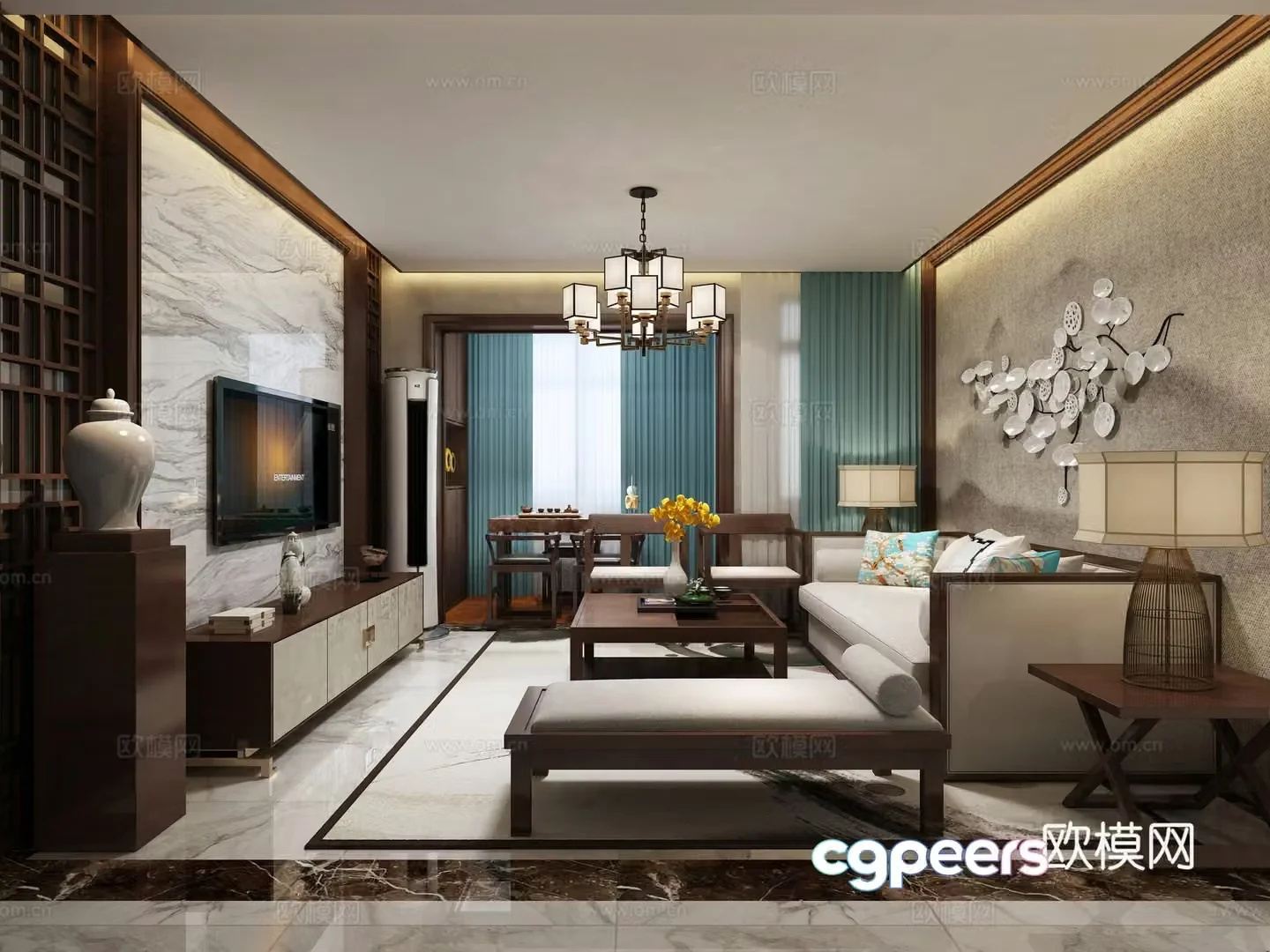 New Chinese style living and dining table chair sofa coffee table chandeliers desktop ornaments 3D model of hanging paintings