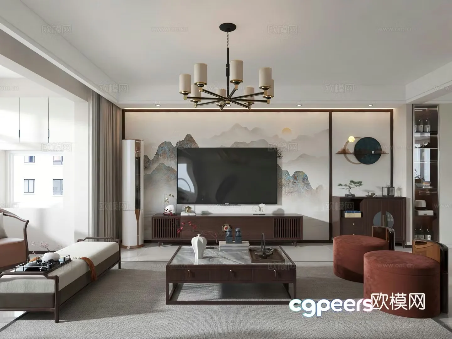 New Chinese style living and dining room open kitchen TV wall angled shoe cabinet 3D model