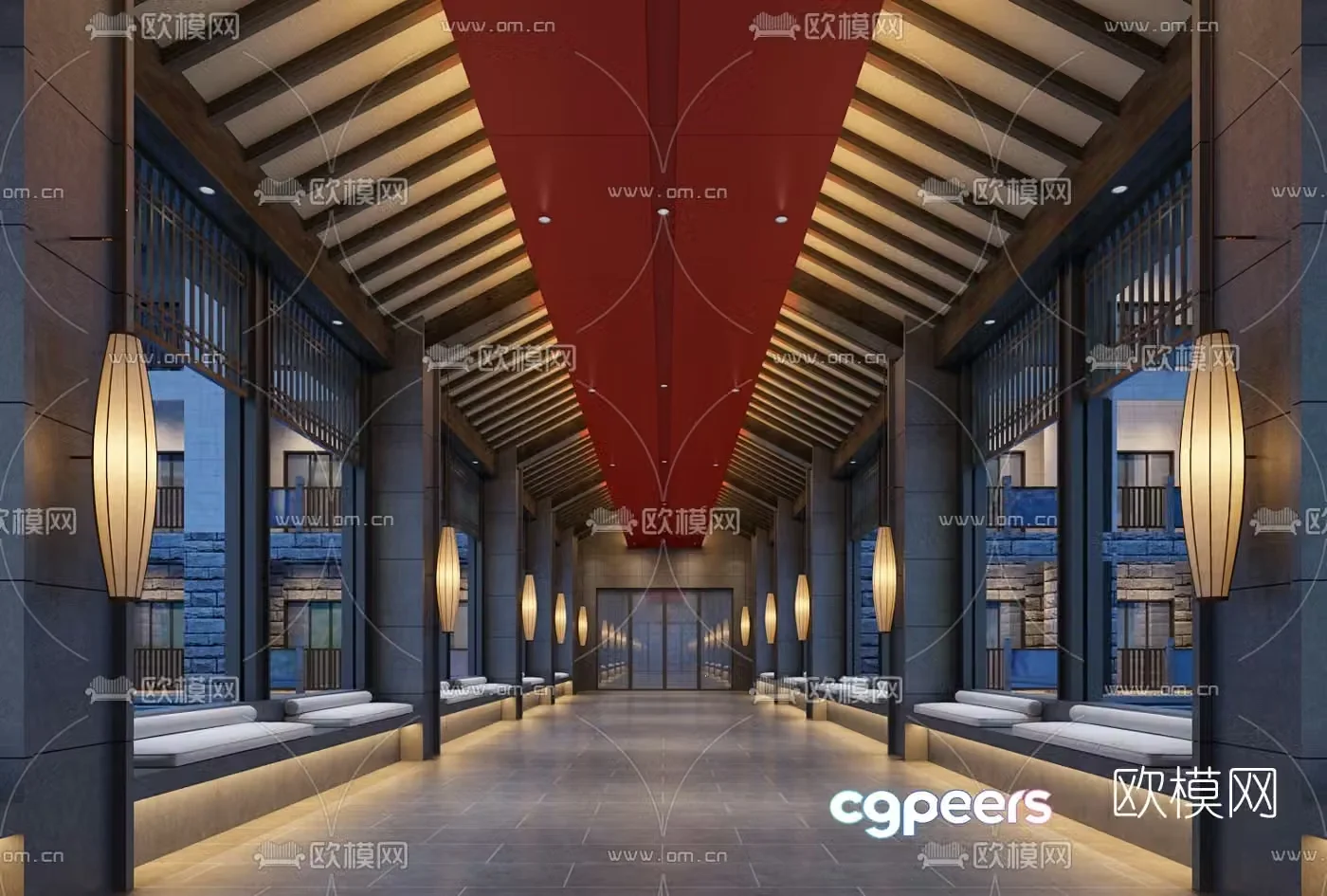 New Chinese-style hotel courtyard corridor 3D model
