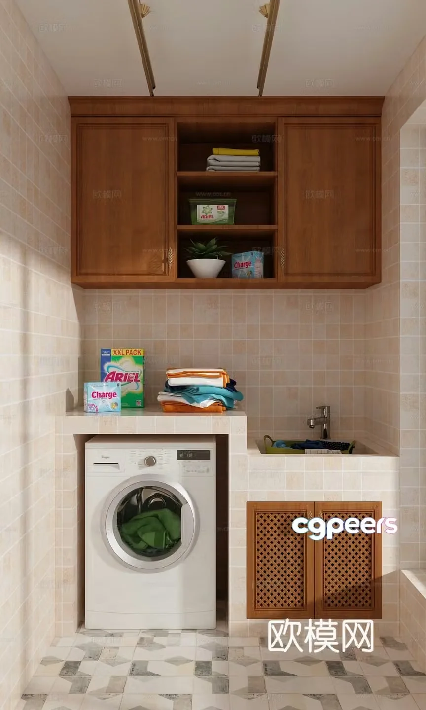 European simple washing machine cabinet balcony cabinet washing machine washing powder clothes clothes drying rack 3d model