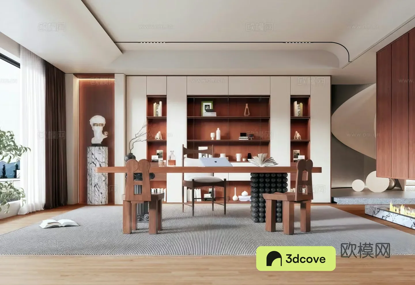 Modern medieval style study bookcase chandeliers desks chairs partitions