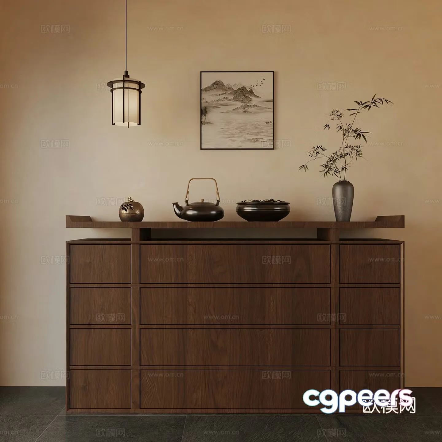 New Chinese style entrance cabinet chandelier hanging painting 3D model