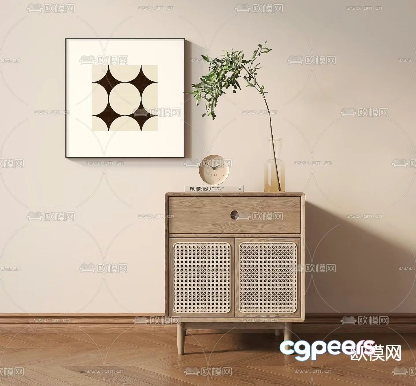 Nordic rattan cabinet bedside table 3d model