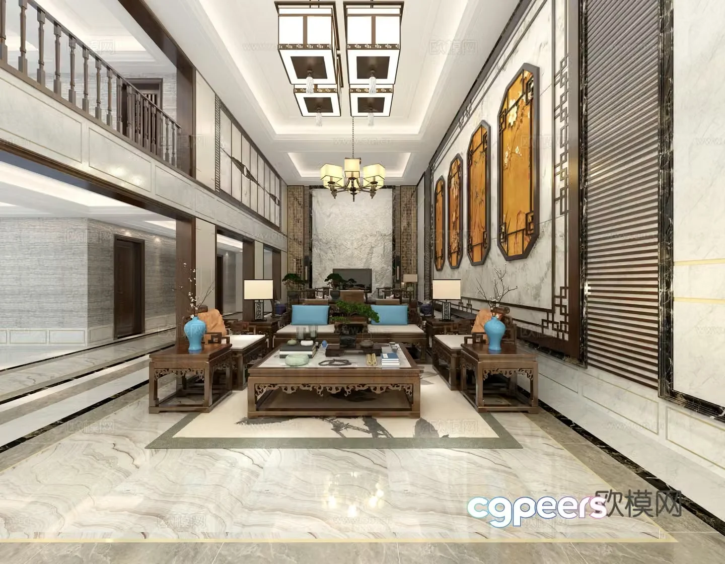 Chinese living and dining room Chinese painting wall sofa coffee table chandelier 3d model