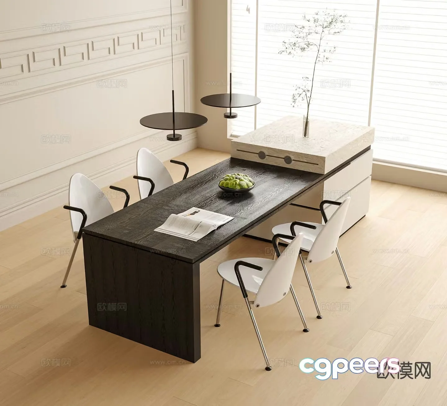 Modern island dining table and chairs 3d model