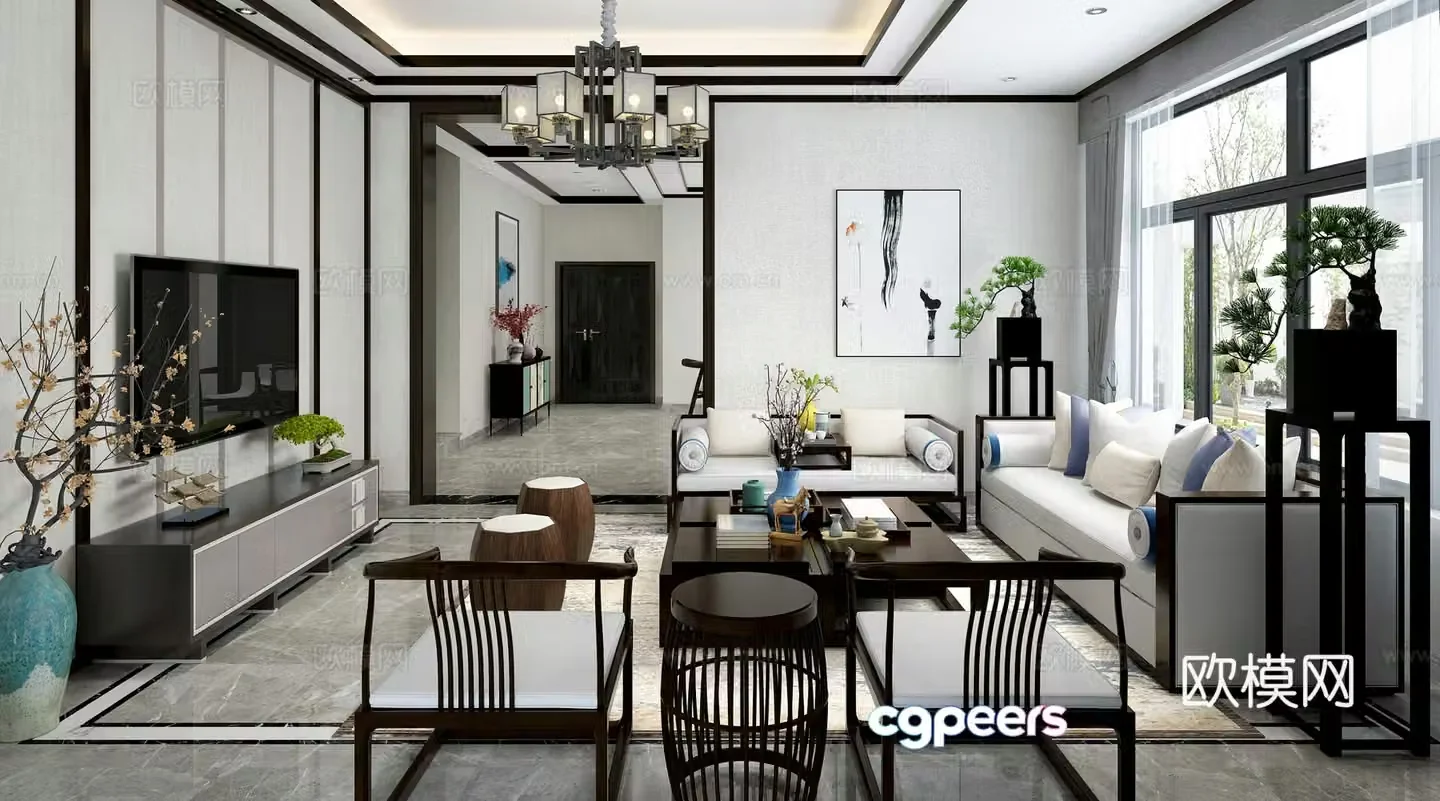 New Chinese living room sofa coffee table dining table chair hanging painting objects ornaments chandeliers wall accessories 3D model