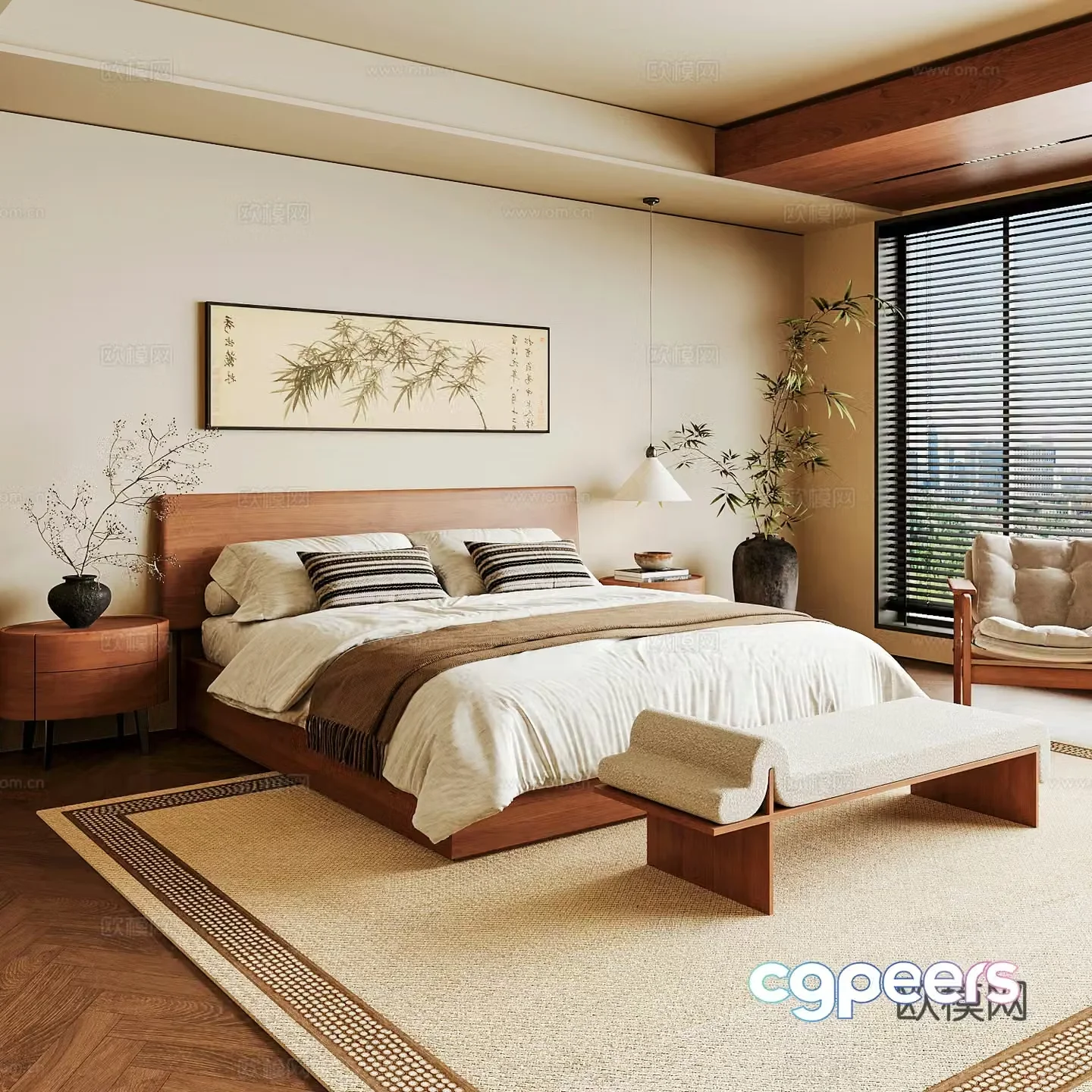 New Chinese style home bedroom Song family aesthetic bedroom Song style bedroom New Chinese style double bed New Chinese 3D model