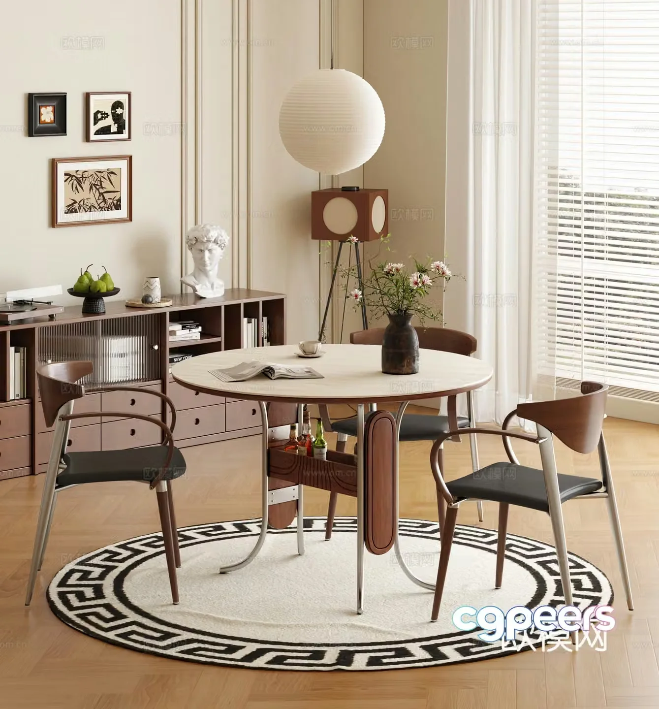 Modern medieval round dining table and chairs Solid wood round dining table Solid wood dining chairs Finished dining table and chairs 3D model