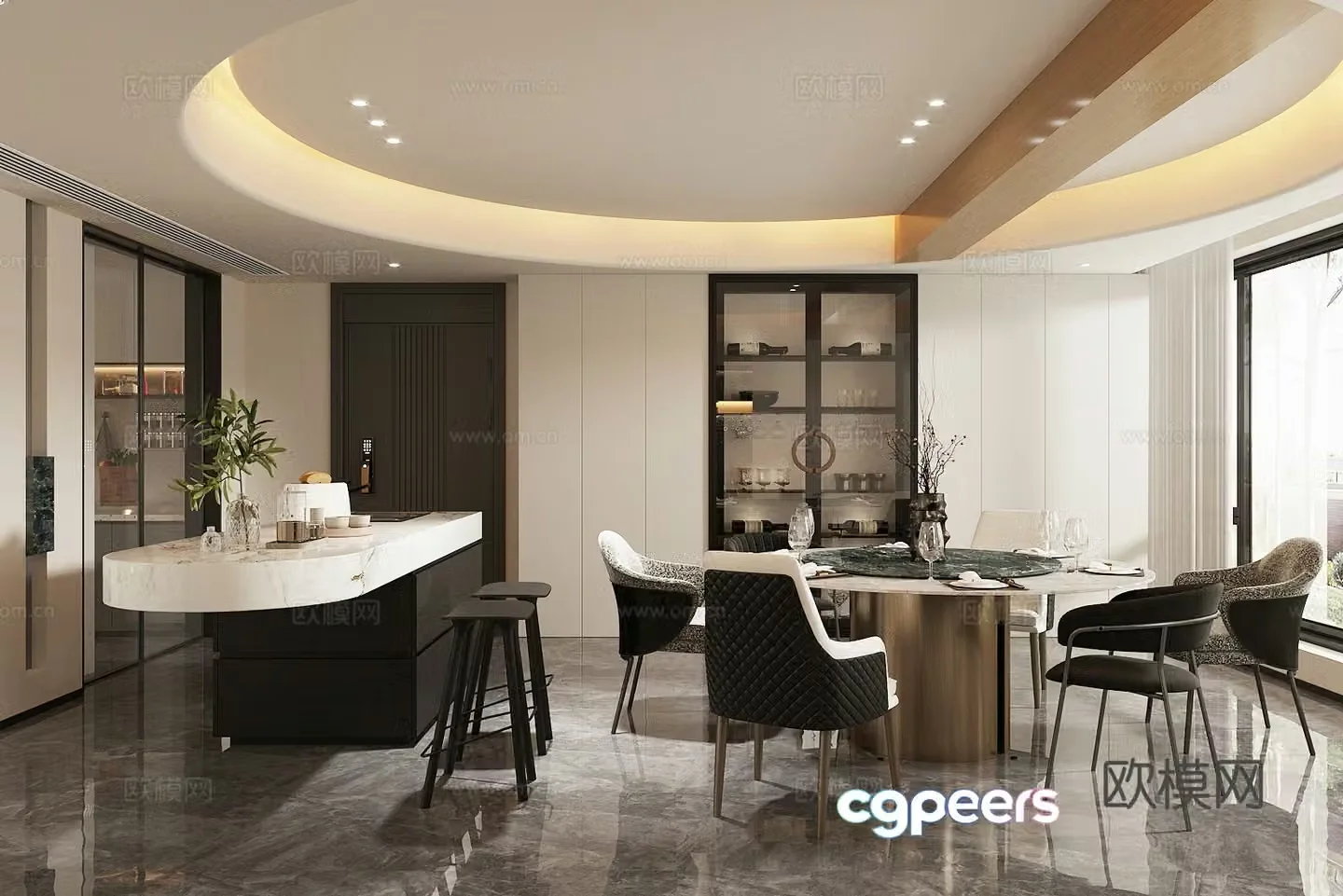 Modern home restaurant Island restaurant Round table restaurant Open restaurant Own light restaurant Light 3D model