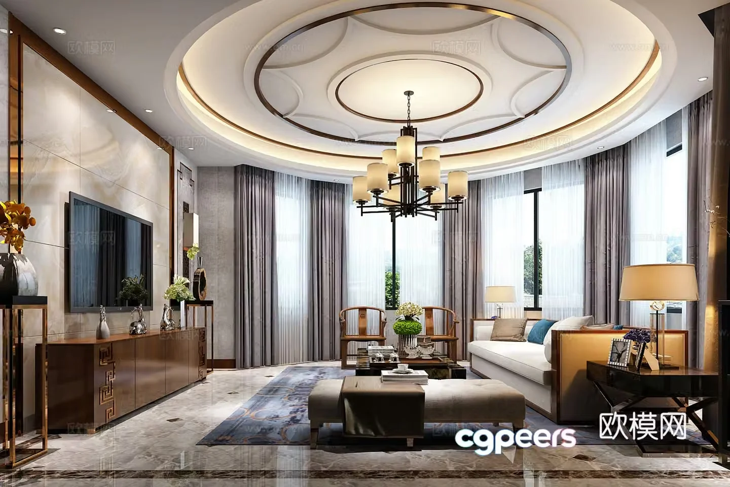 New Chinese style mixed living room 3D model