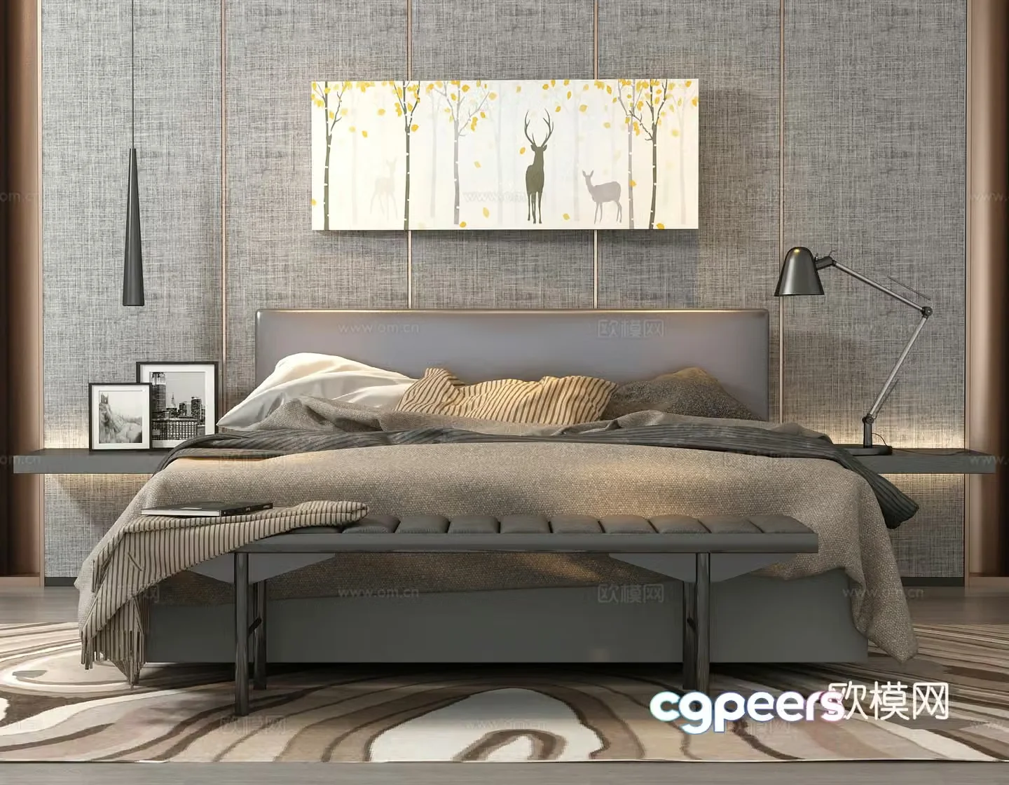 Modern double bed desk lamp hanging painting bedside table 3D model