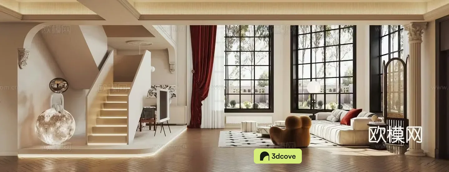 French villa living room stairs sofa and coffee table combination light luxury living room corner stairs moonlight 3d model