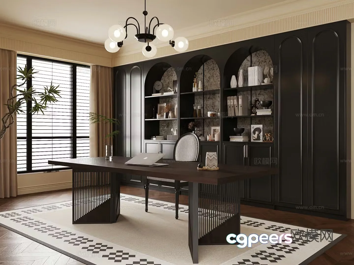 Study room French study desk chair bookcase 3d model