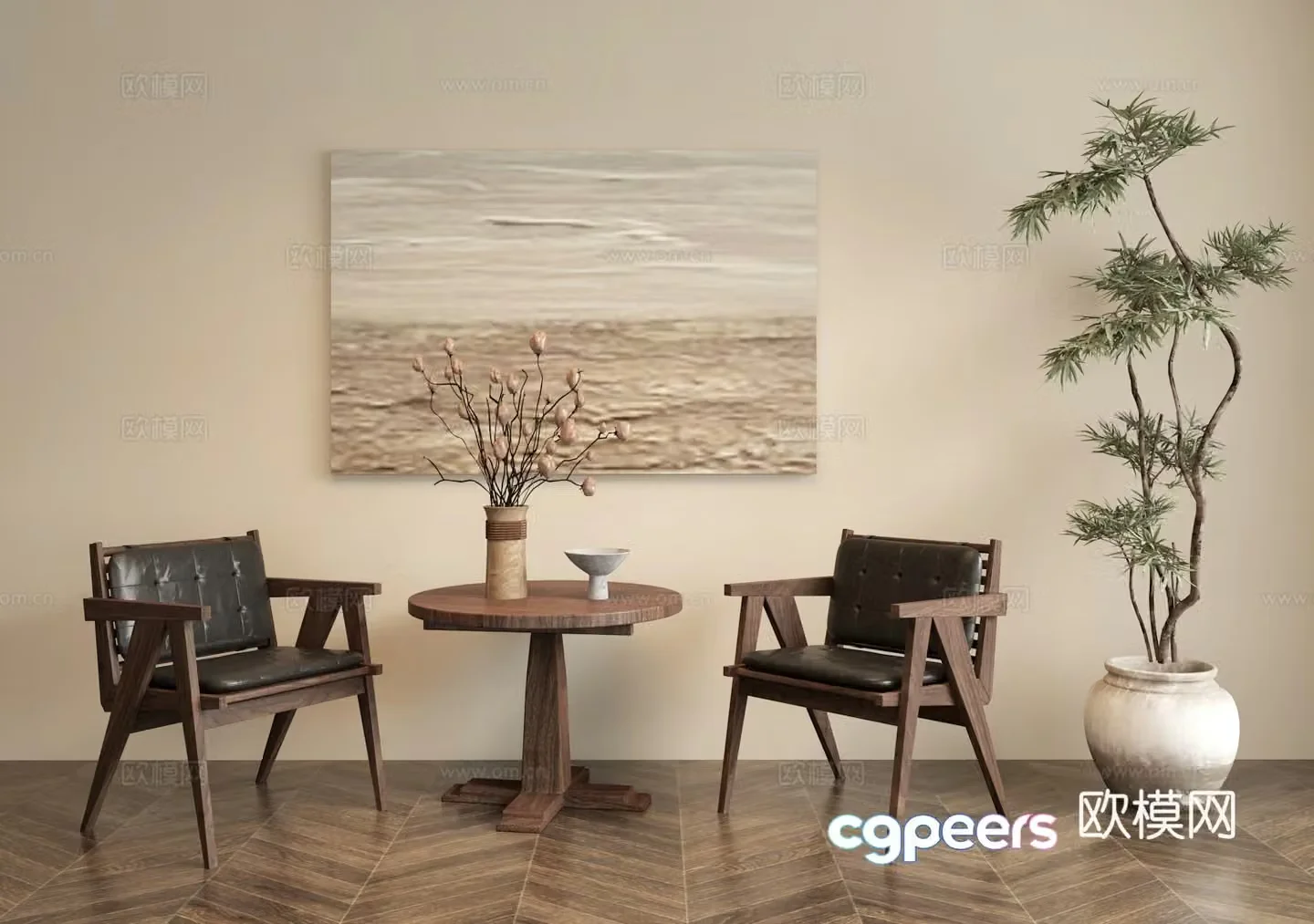 3D model of ancient leisure chair coffee table green plant potted paintings