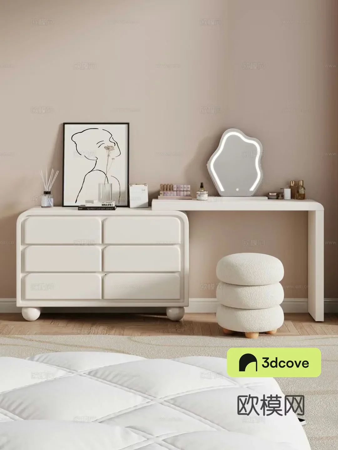 Cream style dressing table makeup stool combination dressing table makeup stool mirror decoration hanging painting