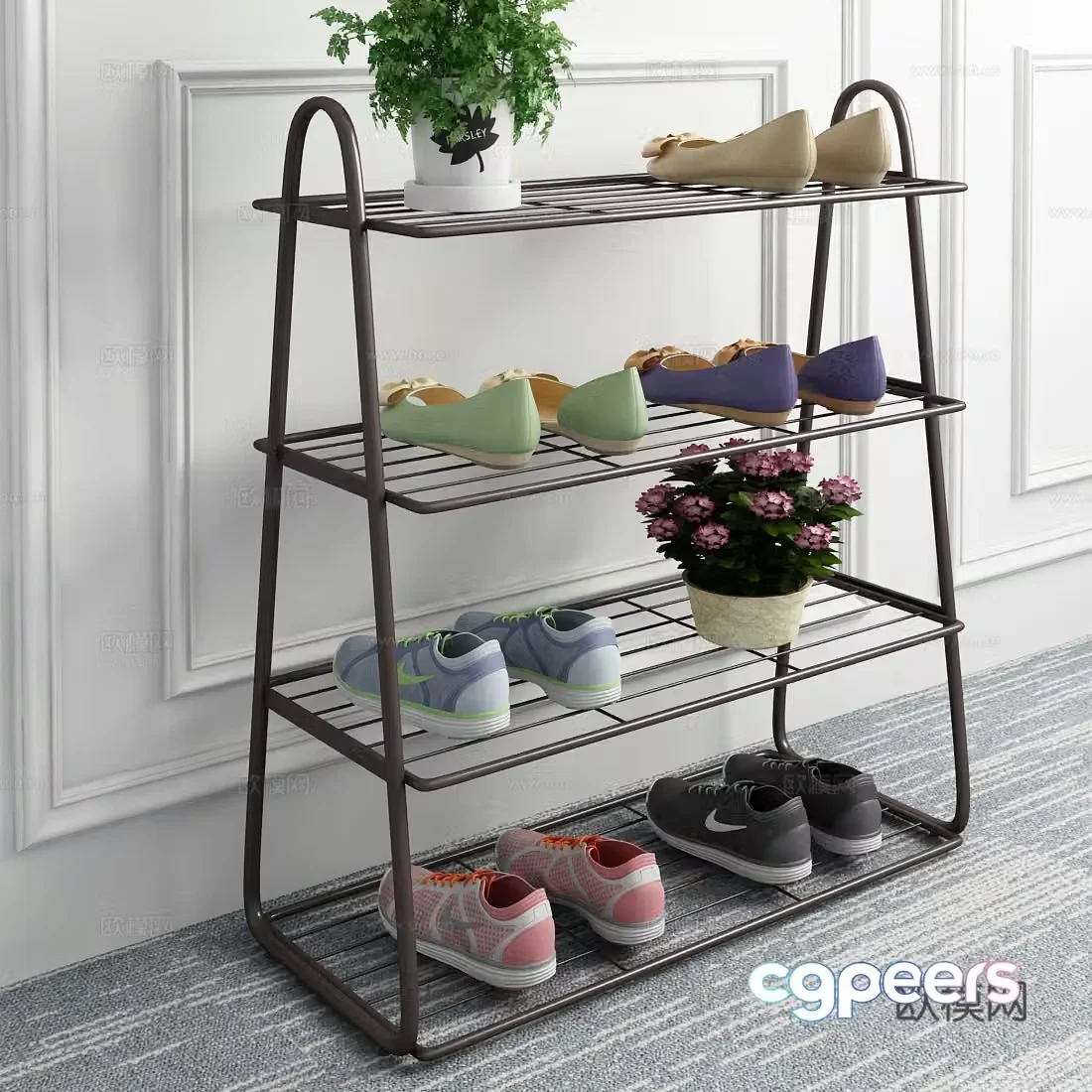 Modern steel shoe rack shoes green plant jewelry model 3d model