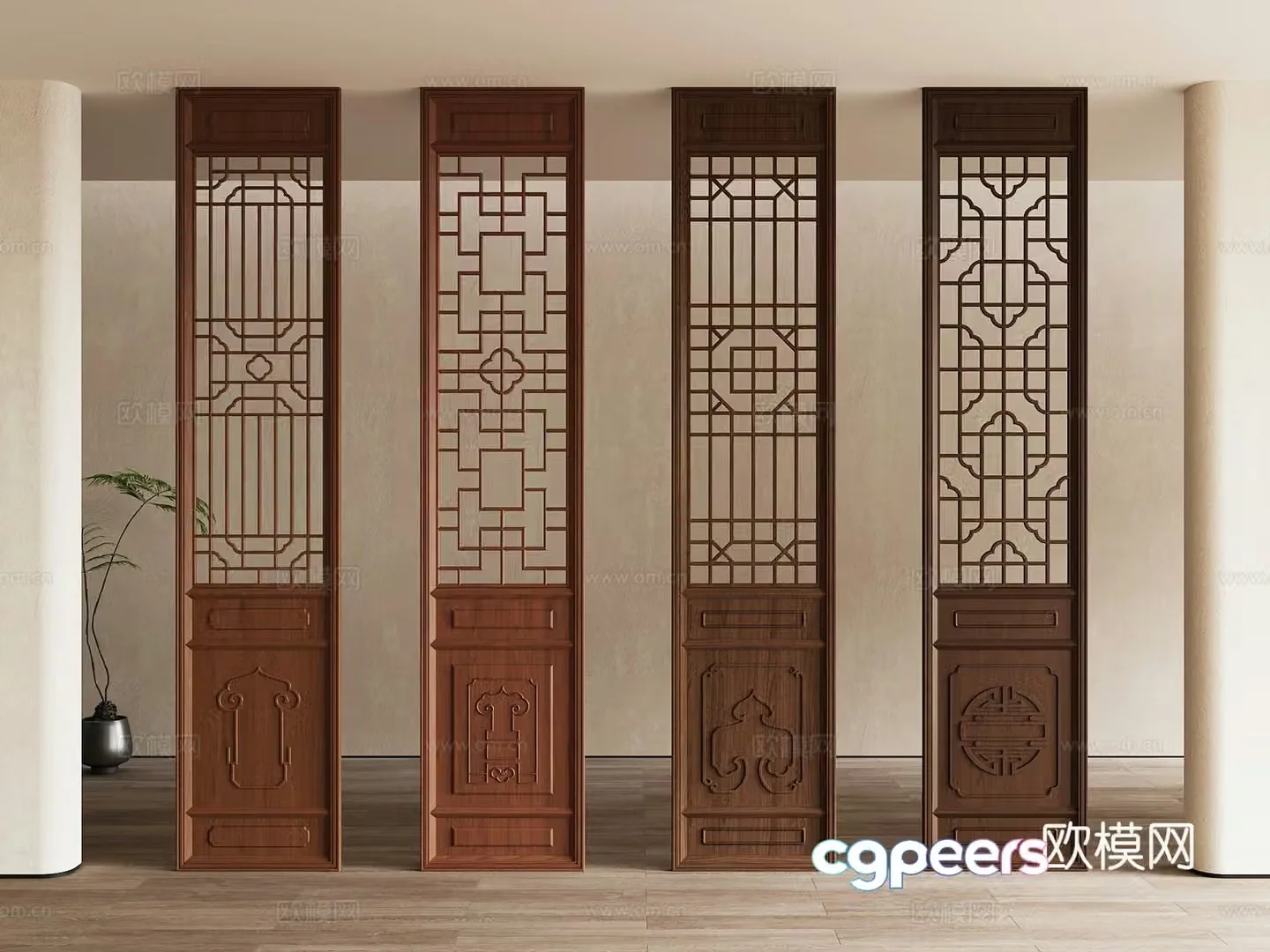 New Chinese style partition screen grid parquet carved wooden partition partition door 3d model