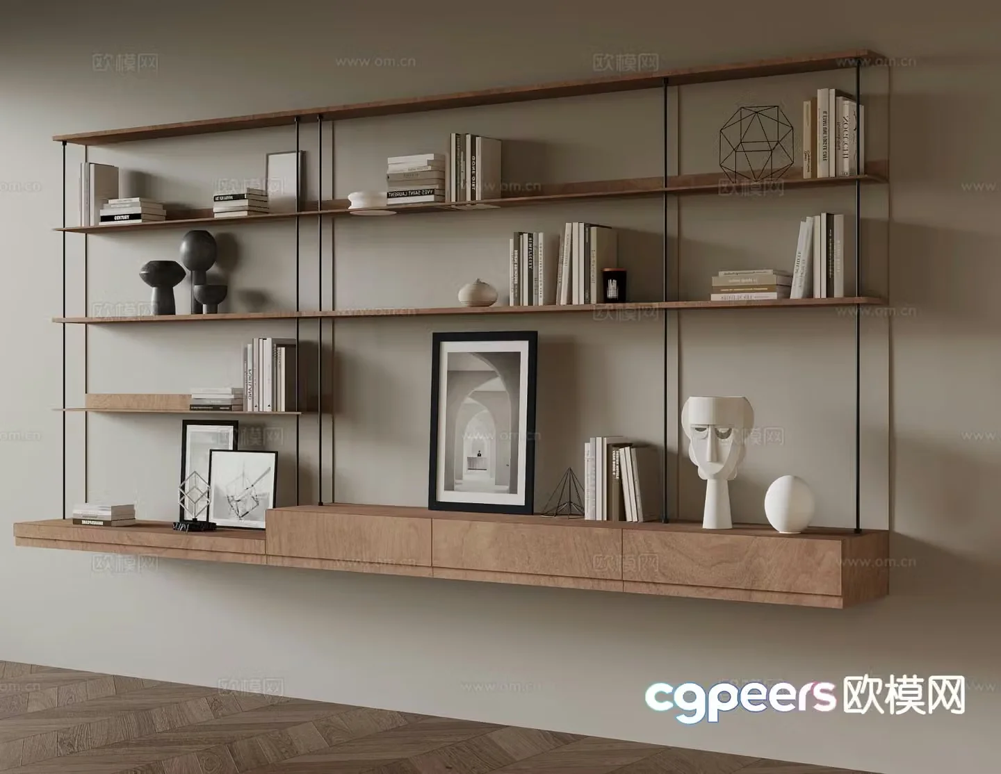 Middle-aged style hanging cabinet storage shelf bookshelf 3D model