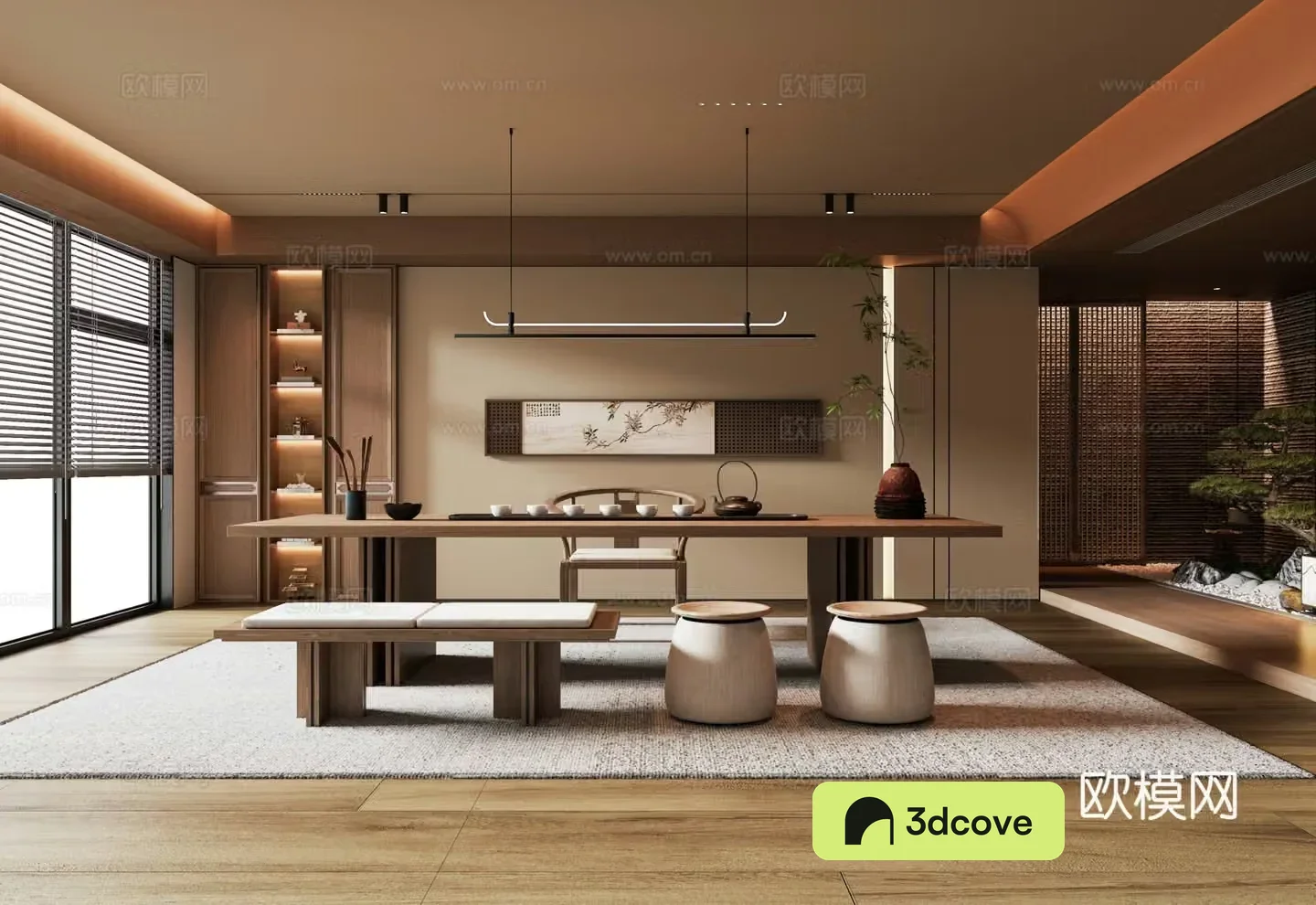 New Chinese-style tea room background wall tea table and chair combination landscape sketch chandeliers interior landscaping