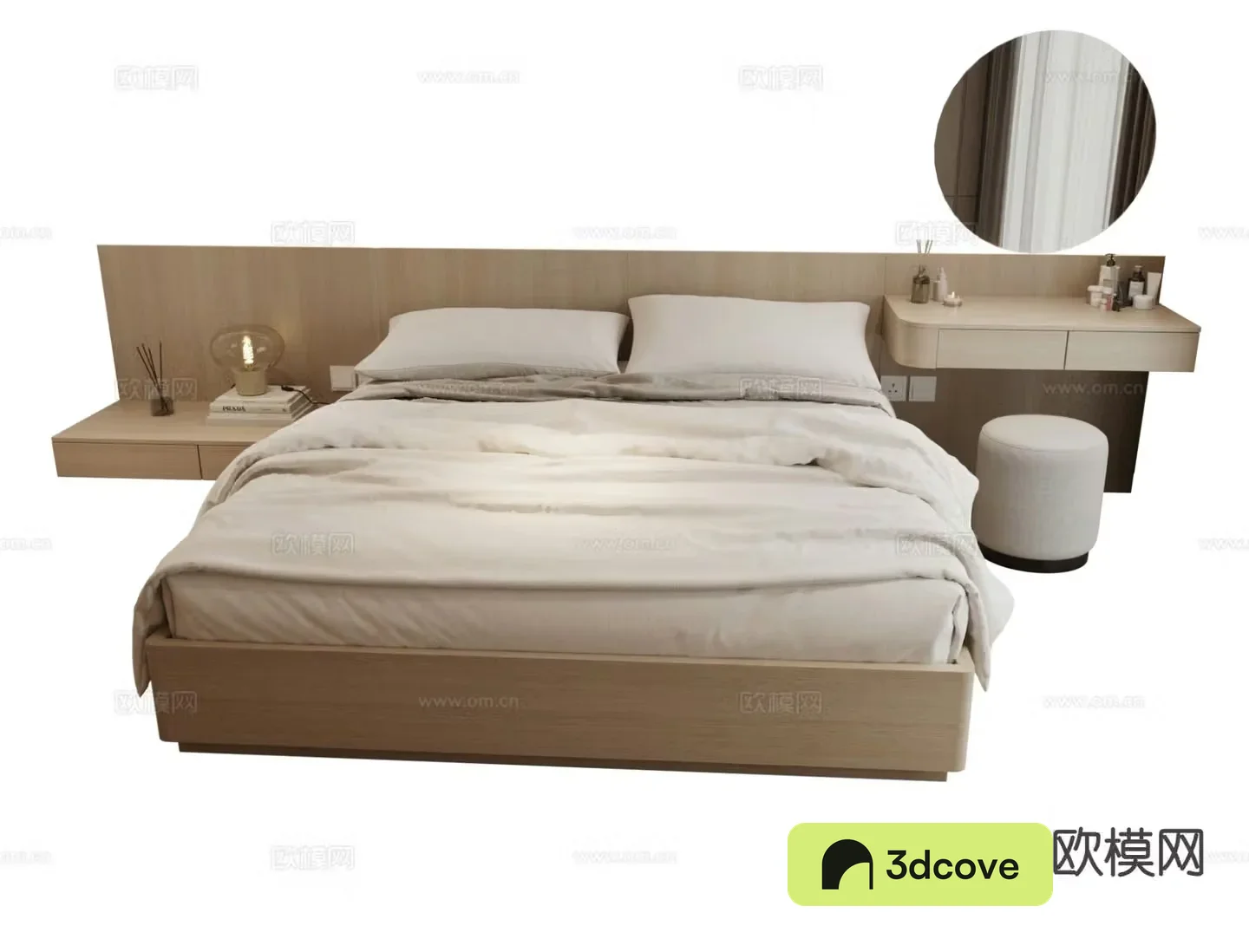 Log style double bed and dresser integrated