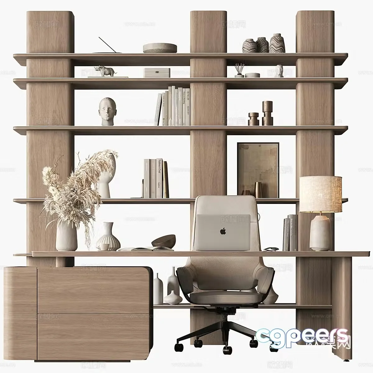 Modern Italian light luxury study bookcase desk and chair combination 3D model