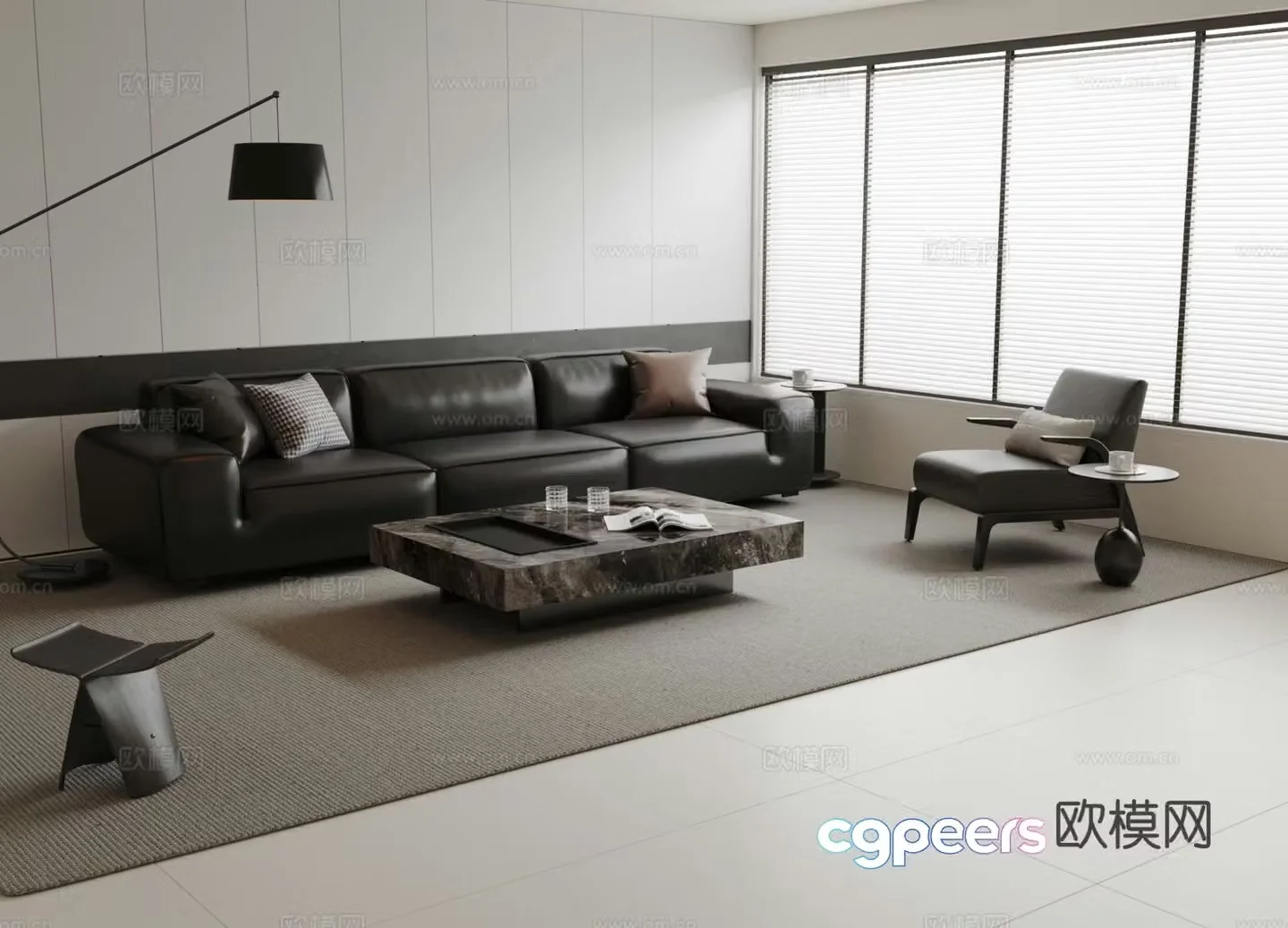 Black leather sofa modular sofa 3d model