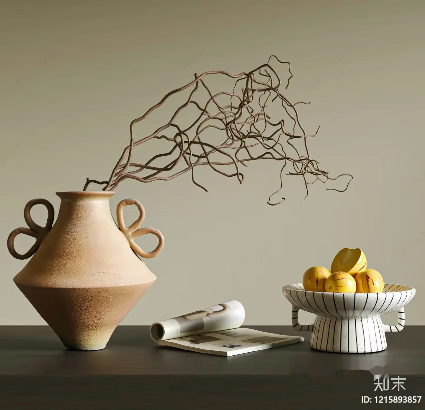 A Beige Vase With A Unique Handle 3D Model – 12588 – VRAY Render